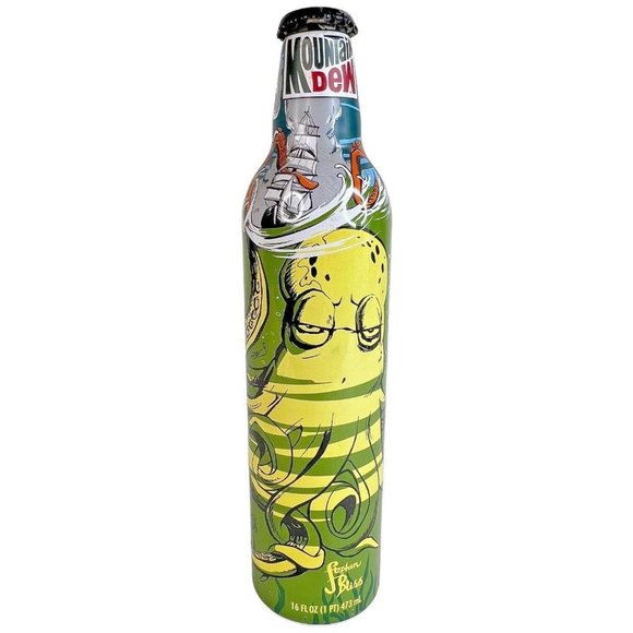 Mountain Dew Bottle Aluminum Octopus Green Label Art Stephen Bliss Empty - Picture 1 of 8